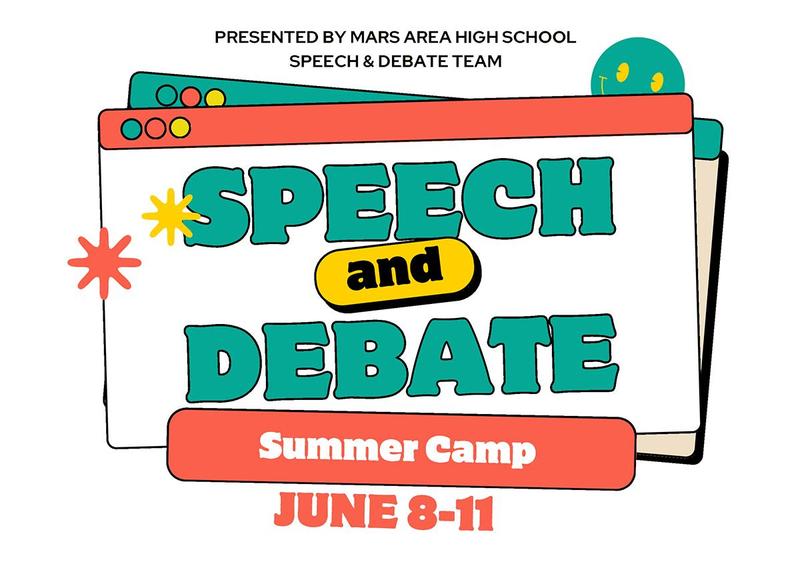 Colorful graphic promoting a summer camp for Speech and Debate, June 8-11.