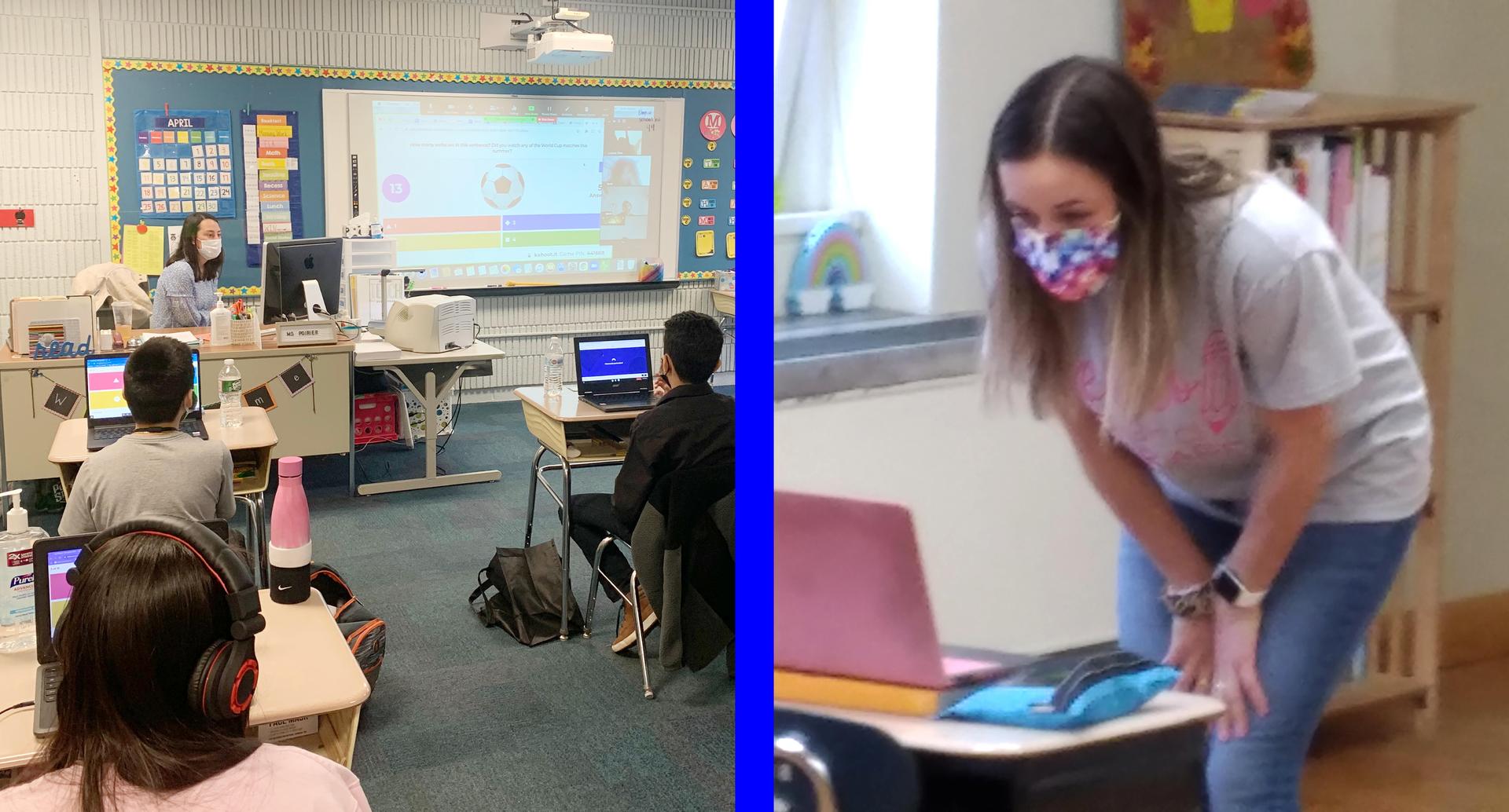 Two-tile photo: Teachers using technology to address students at home, as well as those in their classrooms