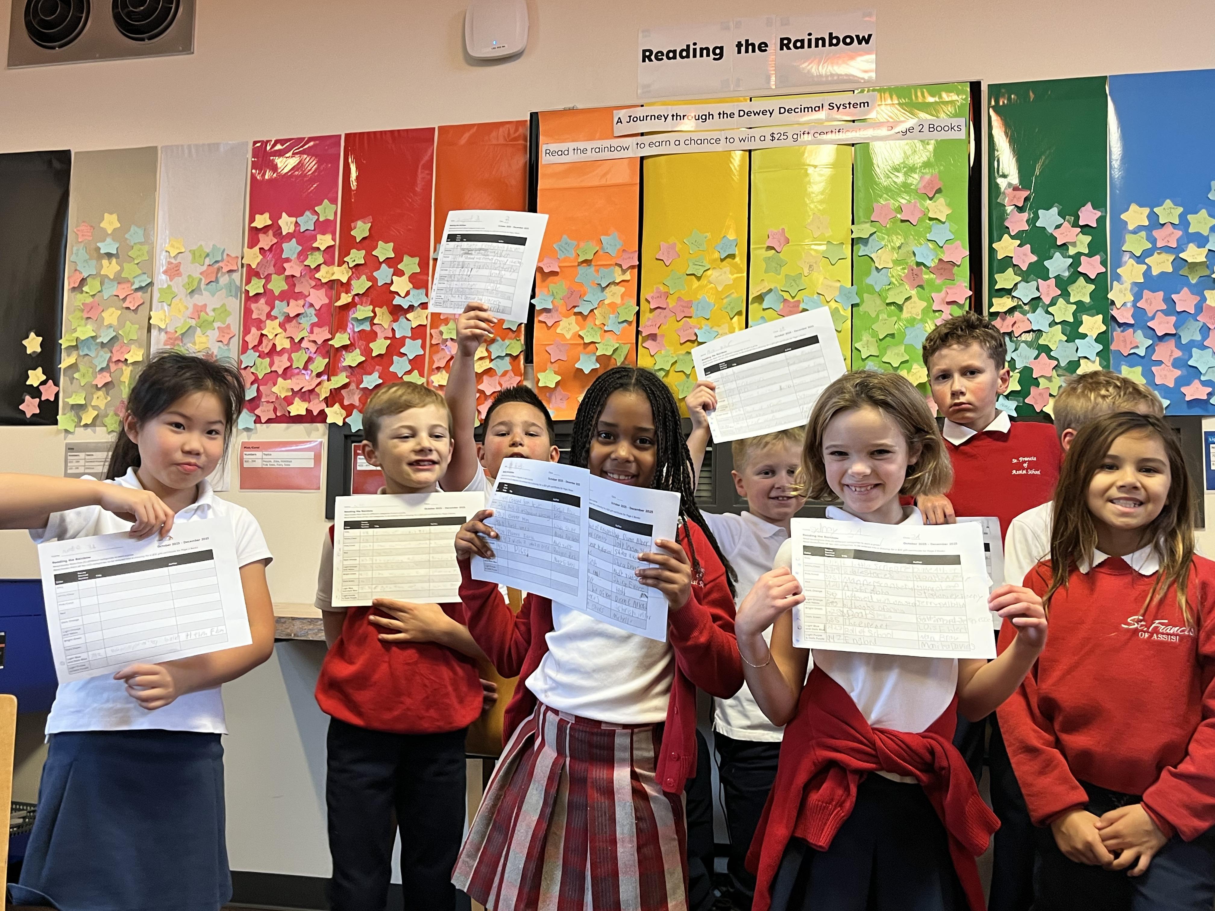 Students in library with reading challenge