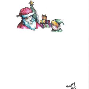 Santa holding gifts with a child elf looking up at him.