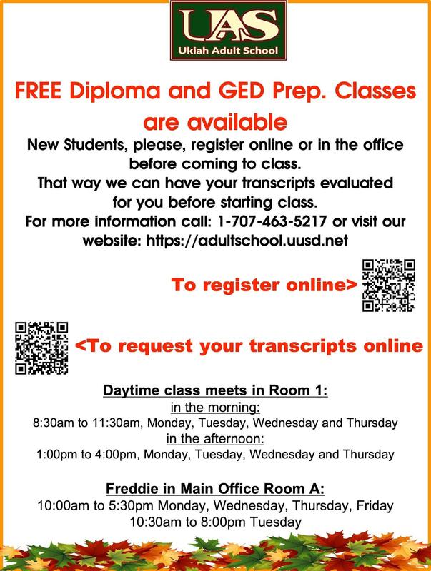 How to get your transcripts and register for GED prep. or Diploma classes poster.