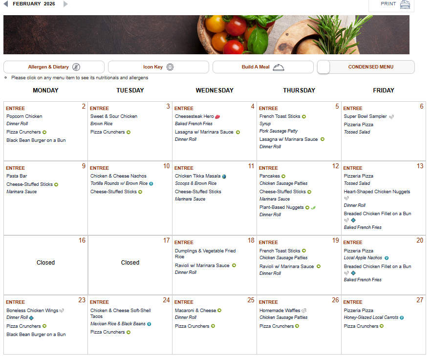 February 2026 Lunch Menu - Screen shot