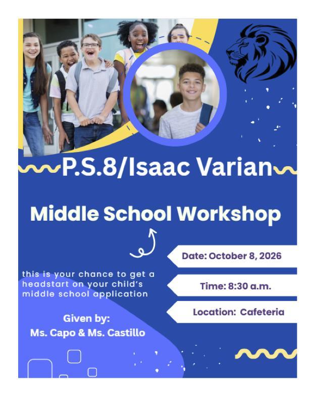 Youthful students smiling in a school workshop flyer with event details.