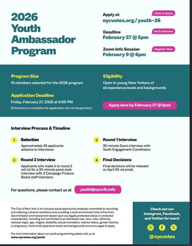 Application process overview for the 2026 NYC Votes Youth Ambassador Program.