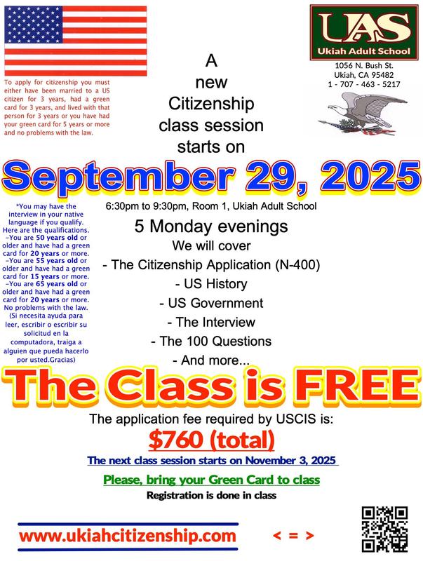 A new citizenship class session starts n September 29, 2025 at 6:30pm in Room 1 poster.