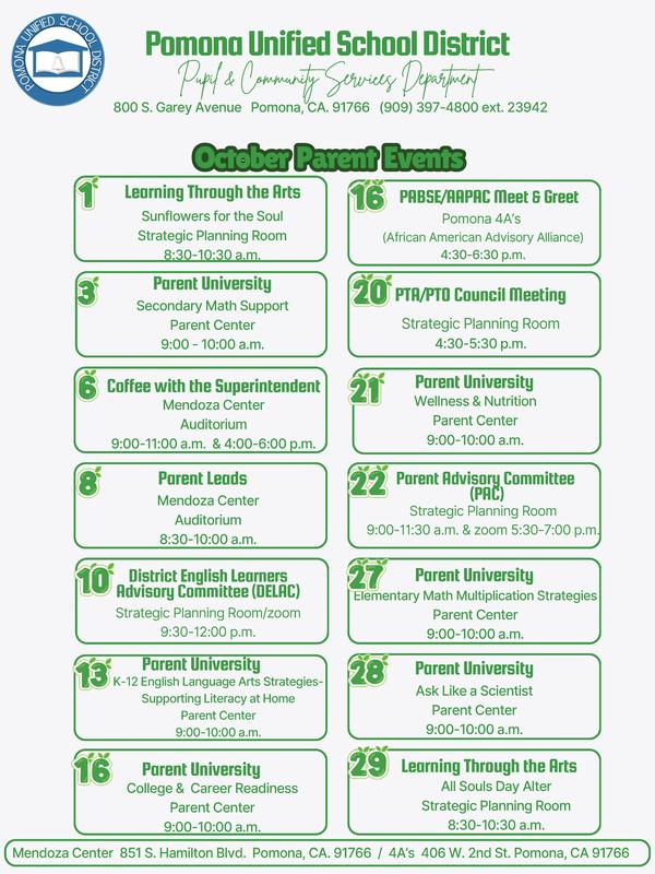 Pupil & Community Services October Parent Event Calendar