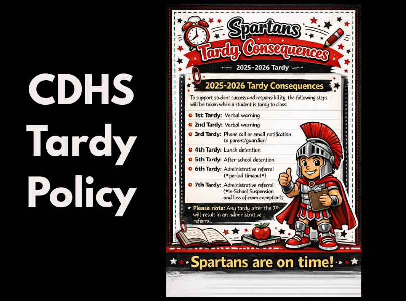 Spartan Tardy Consequences - 1st & 2nd tardy verbal warning; 3rd tardy - parent contacted; 4th tardy - lunch detention; 5th tardy - after school detention; 6th tardy - administrative referral & period timeout; 7th tardy - administrative referral & in school suspension & loss of exam exemptions