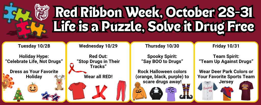 Event banner for Red Ribbon Week activities from October 28 to 31 with themed days and messages.