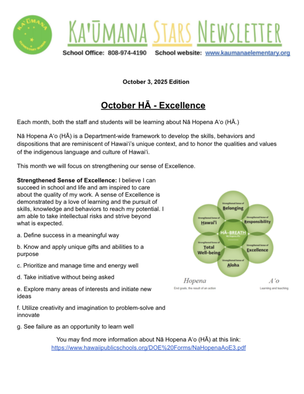 Kaumana Elementary School Newsletter - October 3, 2025 edition has been posted.Please click on the link to read the full story.