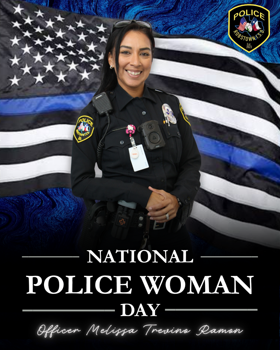 Police officer posing in front of a flag, celebrating National Police Woman Day.