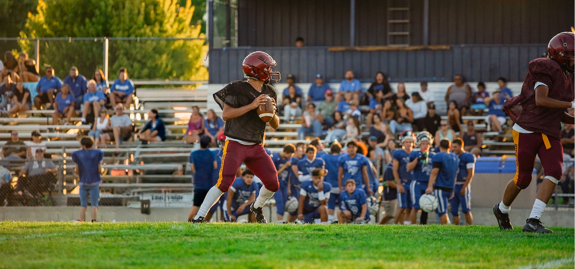 Football player preparing to pass the ball on a field with spectators in the background.
