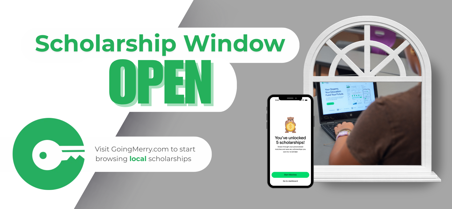 Scholarship window open with a phone displaying scholarship information and a mirror.