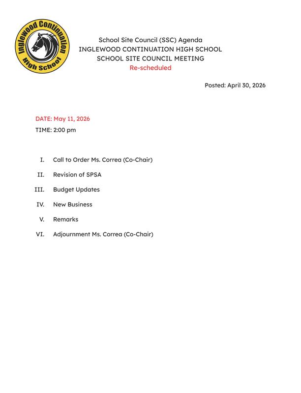 School Site Council Meeting-Reschedule May 11, 2026 Featured Photo