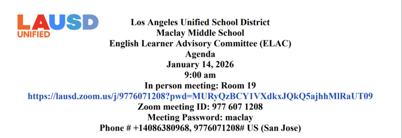 ELAC Meeting information for January 14, 2026