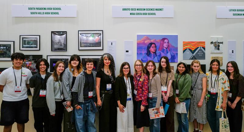SPHS students, Photography Teacher Rouzanna Berberian (center left), SPUSD Superintendent Angela Elizondo Baxter (center), and Art Teacher Aimee Levie-Hultman (center right) during the Autry Student Visual Arts Exhibition opening reception. (Photo Courtesy of South Pasadena High School)