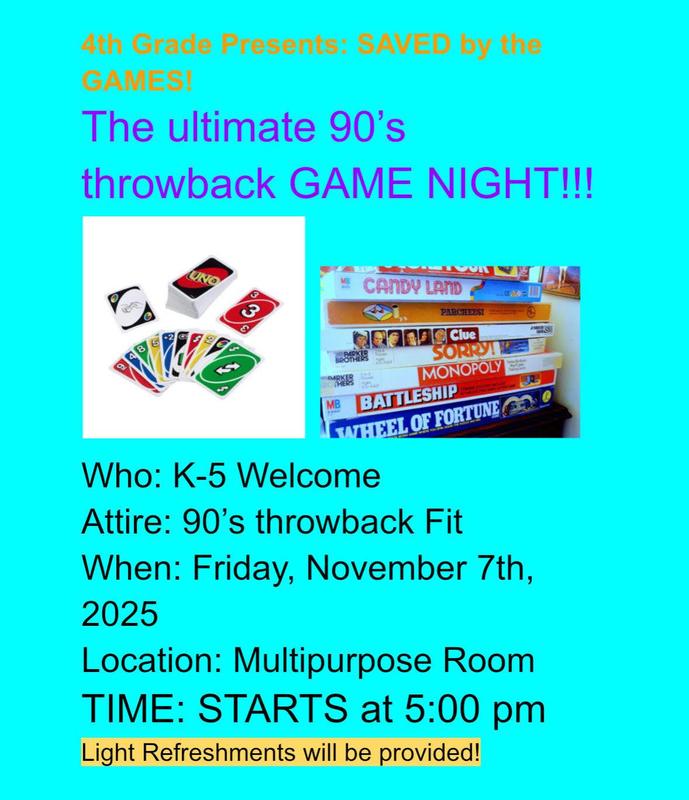 🎲 4th Grade Presents: Saved by the Games – 90’s Throwback Game Night! Featured Photo