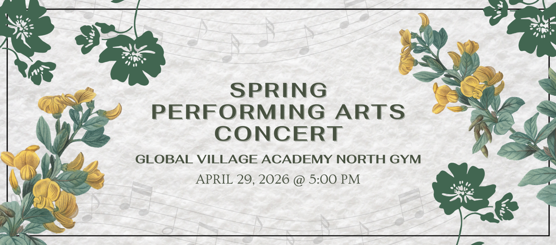 Spring Performing Arts Concert invitation with floral borders and musical notes.