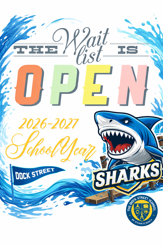 Colorful announcement about school wait list and Sharks theme.