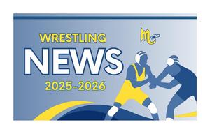 a blue background with an image of two wrestlers sparing