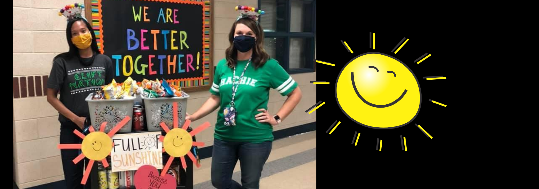 principals wearing face masks & silly headbands with snacks