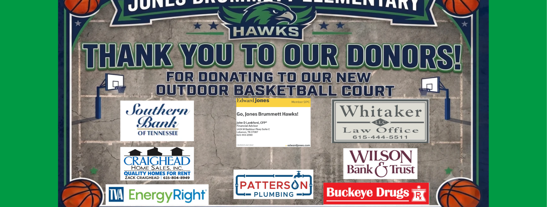 Thank you banner with donor logos for outdoor basketball court.