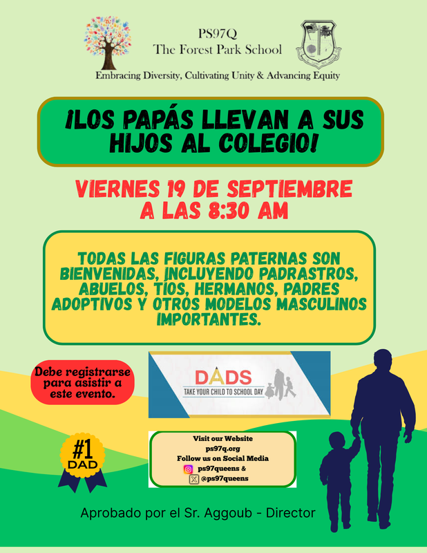 Green flyer with date and time of dads take your child to school day in Spanish