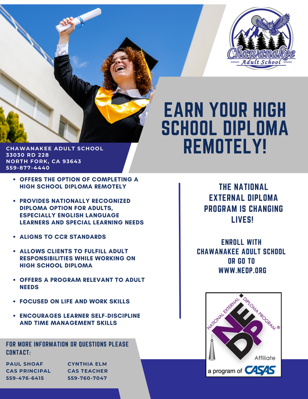 Promotional flyer for Chawanakee Adult School about earning a high school diploma remotely.