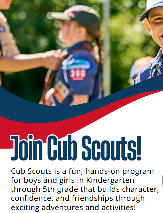 Group of Cub Scouts in uniforms smiling while promoting the Cub Scouts program.