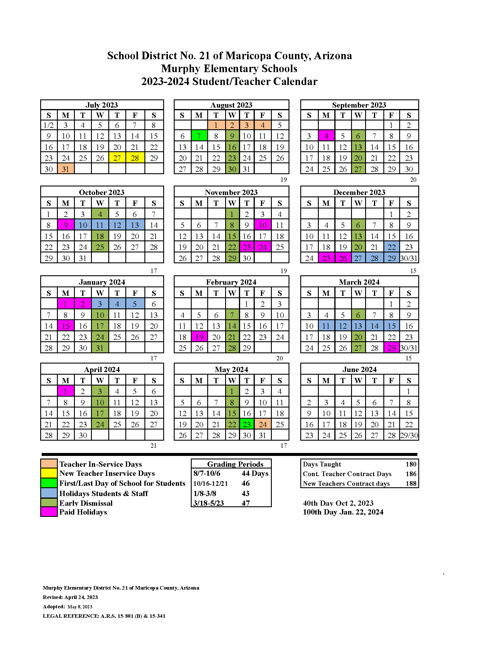 2023 2024 Student Calendar School Calendar Murphy Elementary