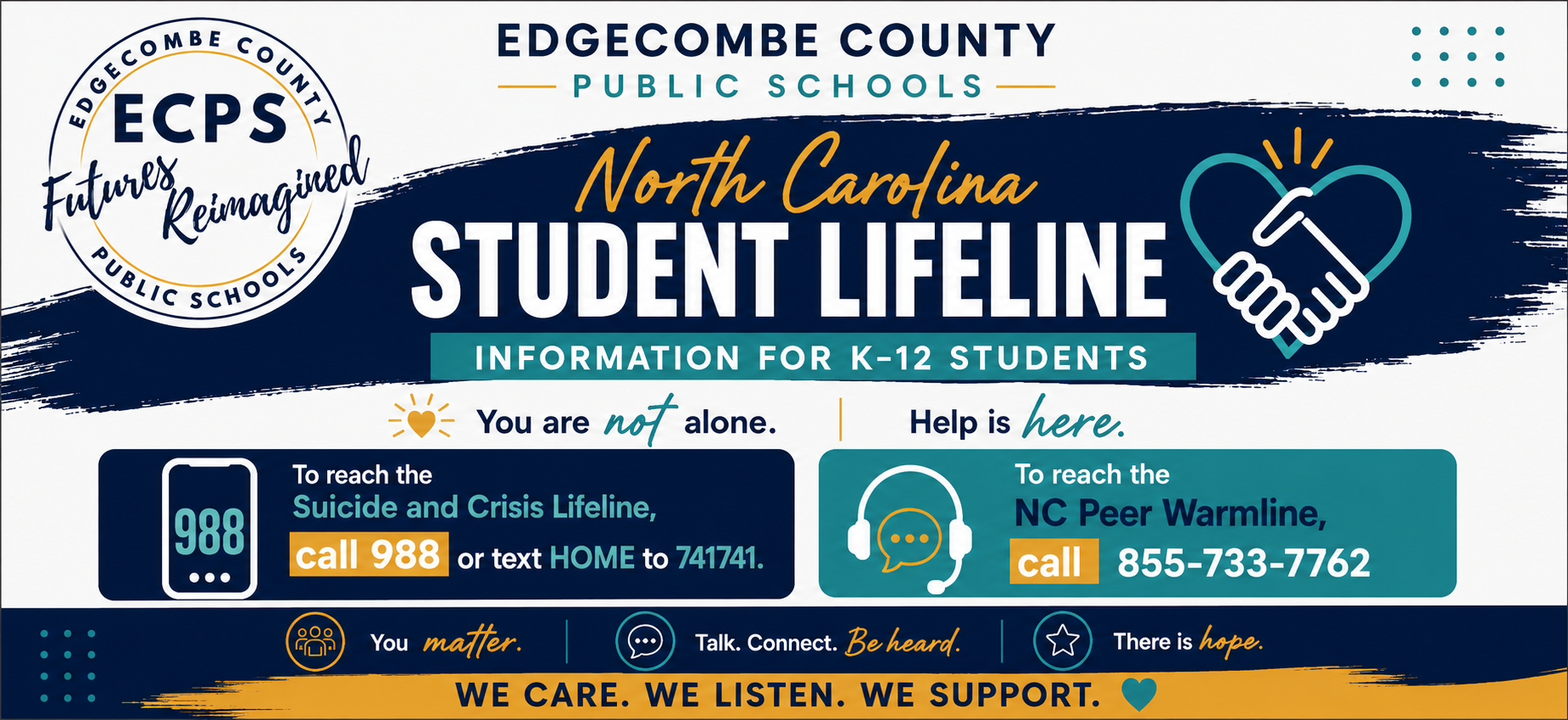 To reach the Suicide and Crisis Lifeline, call 988 or text HOME to 741741. To reach the NC Peer Warmline, call 855-733-7762