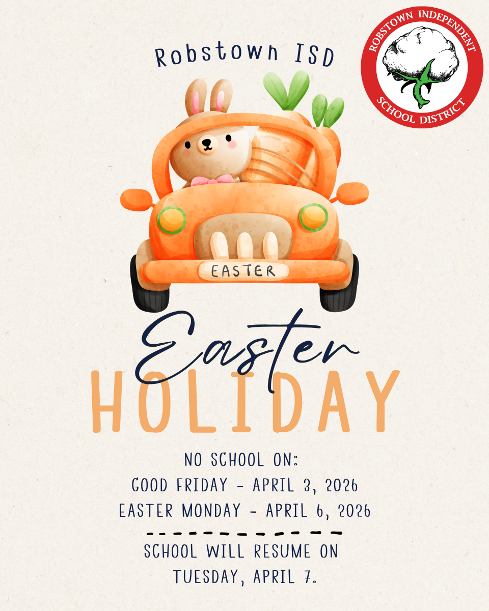 A colorful Easter holiday announcement with a bunny in a car and carrot illustrations.