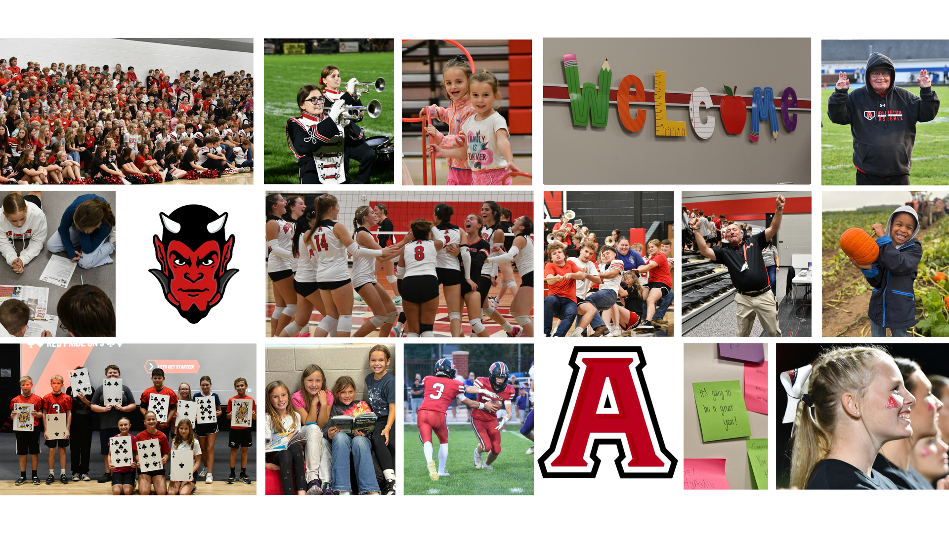 A collage of school events, sports, and welcoming messages with students and activities.