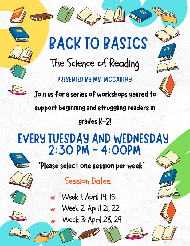 Colorful flyer announcing reading workshops for K-2 students.