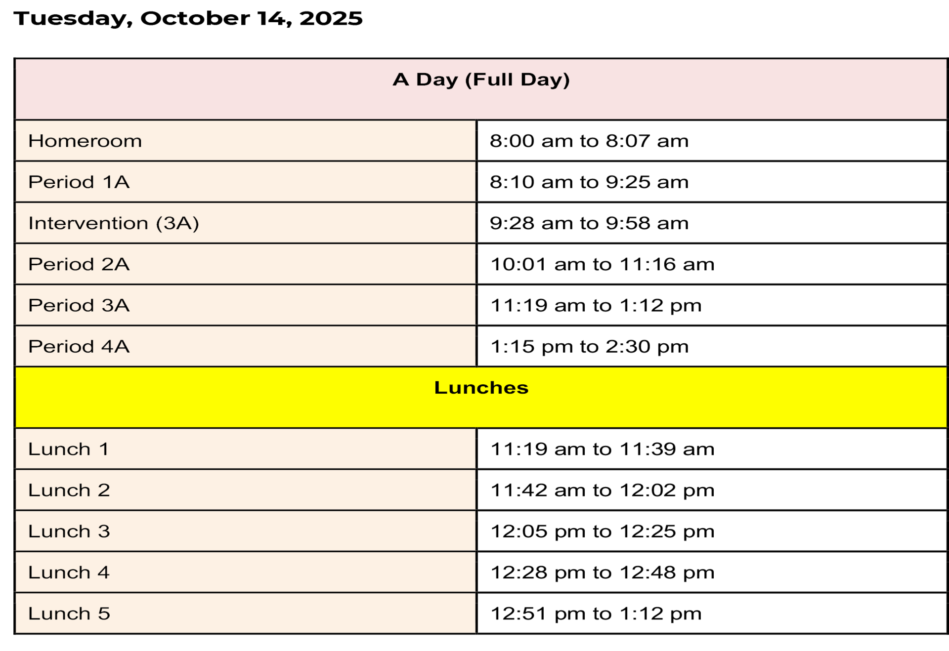 A schedule chart for 'A Day' including classes and lunch periods.