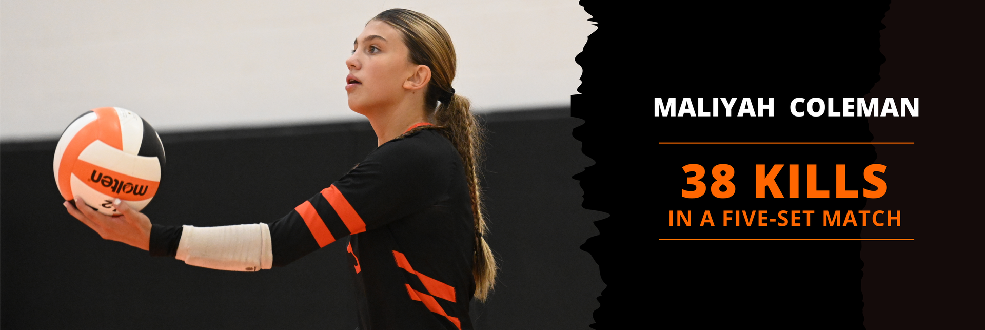 Maliyah Coleman prepares to serve during a volleyball match, with text on the graphic reading “Maliyah Coleman – 38 kills in a five-set match.
