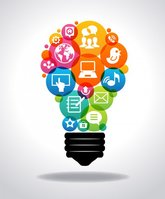 A colorful lightbulb filled with various social media and technology icons.