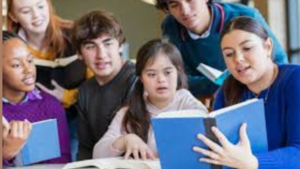 A group of diverse children and adults engaged in reading books together.
