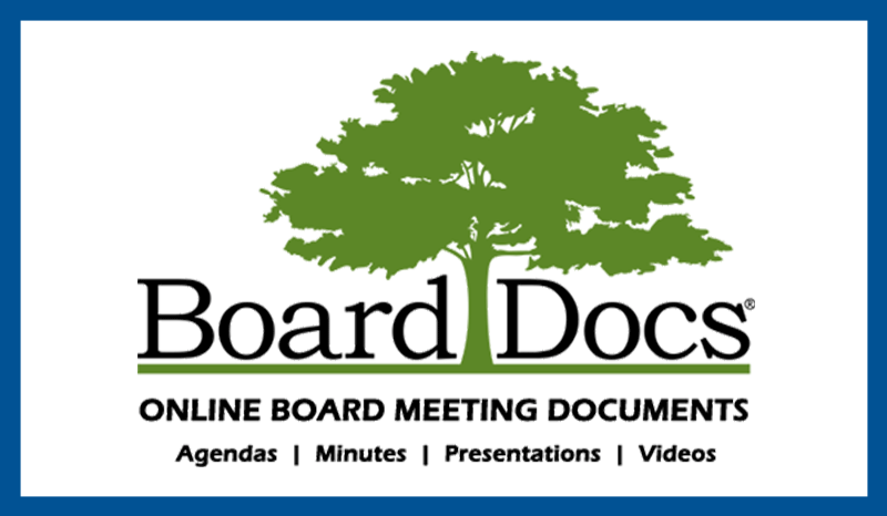 Logo of Board Docs, featuring a large tree and text about board meeting documents.