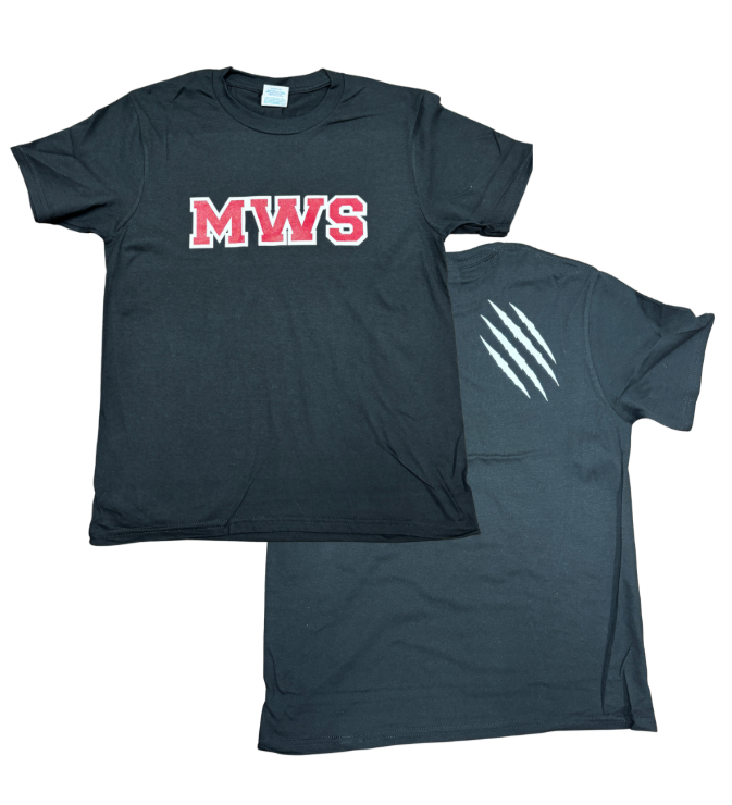 black shirt with MWS on front and claw marks on back