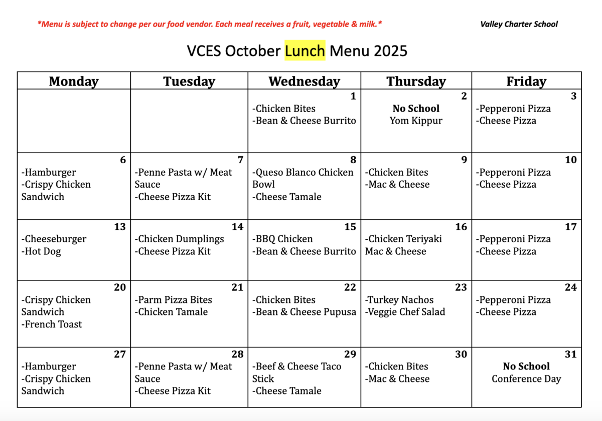 valley charter elementary school monthly lunch menu