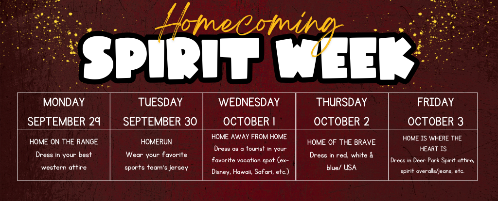 Homecoming Spirit Week schedule with themed days for each day of the week.
