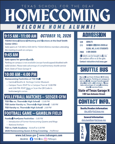 Blue and white flyer with details of TSD Homecoming
