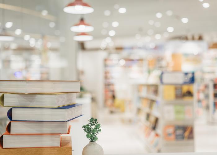 Stack of books with a small plant in front of a blurred bookstore interior.