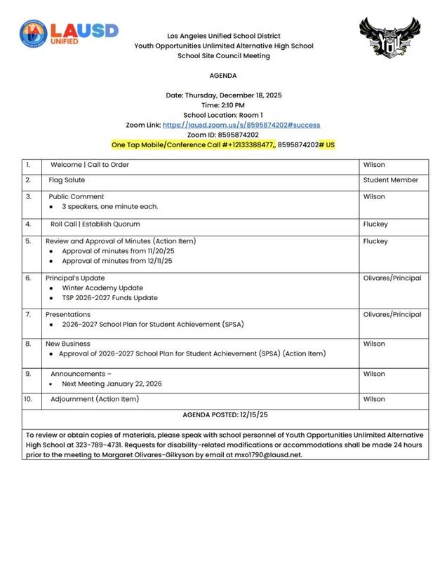 YOUAHS SSC meeting flyer for Dec 18, 2025, at 2:10 PM with Zoom link and agenda