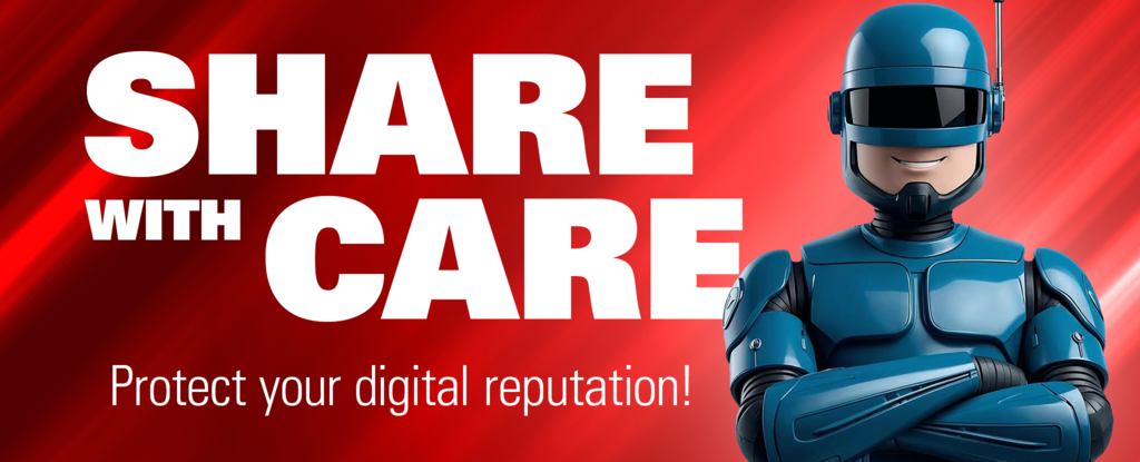 A blue robot standing confidently next to bold text promoting digital reputation protection.