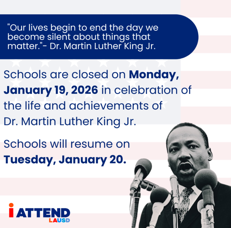 There is no school on Monday, Jan. 19th in celebration of the life and achievements of Dr. Martin Luther King Jr. School will resume on Tuesday, Jan. 20th.