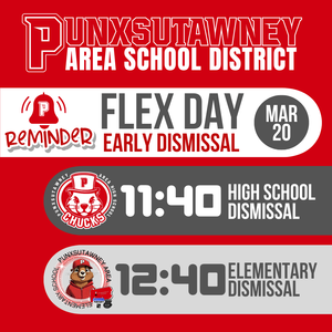 Red background with a clipart reminder bell and Flex Day text with student dismissal times