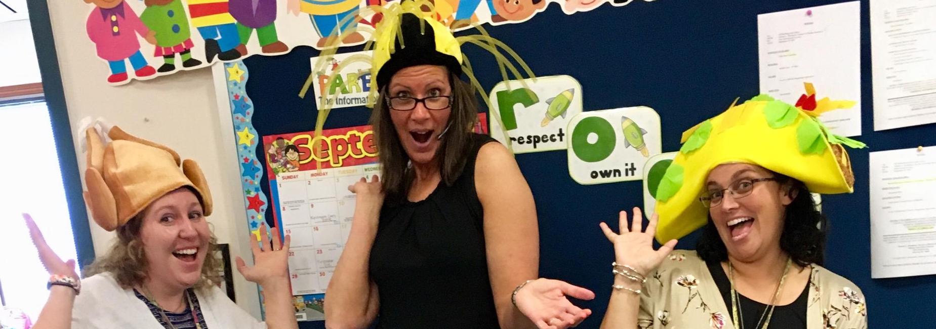 Mrs. Sherlock, Mrs. Stolarski, and Mrs. Rosas wearing their favorite hats in support of St. Jude's research.