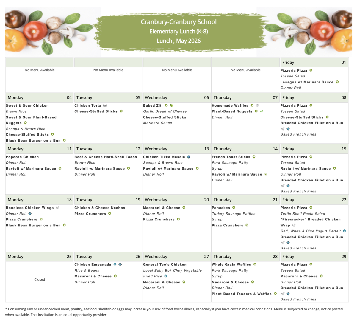 Picture of May 2026 Lunch Menu