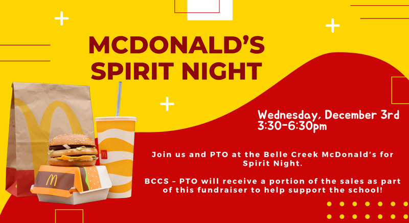 McDonalds Meal on a red and yello background. Text with Spirit Night Information.